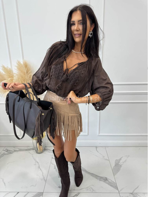 Torebka średnia shopper skóra węża z frędzlami z wkładem czekoladowa BOHO - photo #42