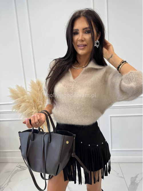 Torebka średnia shopper skóra węża z frędzlami z wkładem czekoladowa BOHO - photo #53