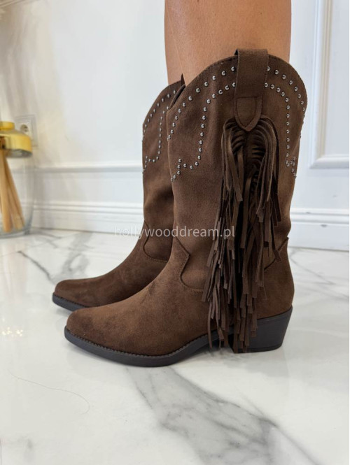 Buty kowbojki z frędzlami i cyrkoniami brązowe CASTOR - photo #0