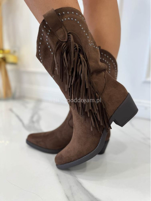 Buty kowbojki z frędzlami i cyrkoniami brązowe CASTOR - photo #1