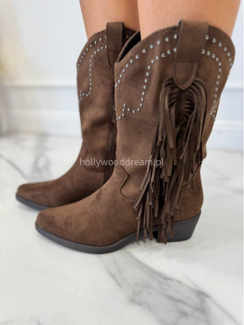Buty kowbojki z frędzlami i cyrkoniami brązowe CASTOR - photo #2