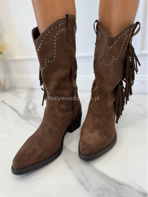 Buty kowbojki z frędzlami i cyrkoniami brązowe CASTOR - photo #3