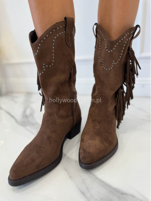 Buty kowbojki z frędzlami i cyrkoniami brązowe CASTOR - photo #4