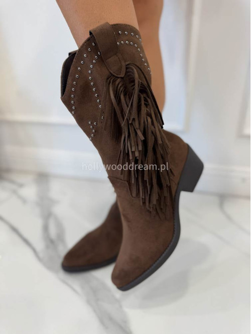 Buty kowbojki z frędzlami i cyrkoniami brązowe CASTOR - photo #6