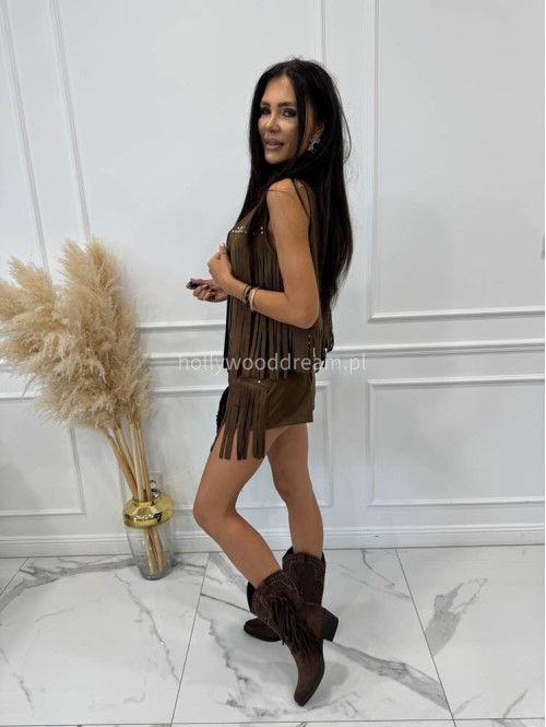 Buty kowbojki z frędzlami i cyrkoniami brązowe CASTOR - photo #11