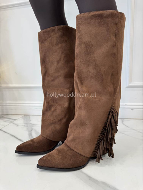 Buty kowbojki wysokie zamszowe z frędzlami brązowe HANK