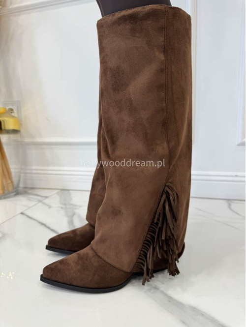 Buty kowbojki wysokie zamszowe z frędzlami brązowe HANK - photo #1