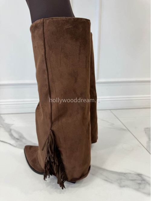 Buty kowbojki wysokie zamszowe z frędzlami brązowe HANK - photo #2