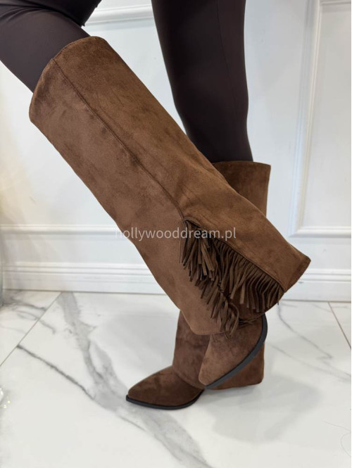 Buty kowbojki wysokie zamszowe z frędzlami brązowe HANK - photo #5