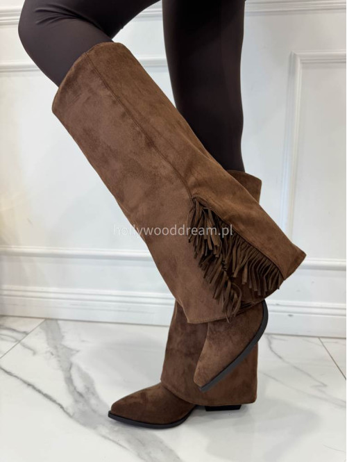 Buty kowbojki wysokie zamszowe z frędzlami brązowe HANK - photo #6