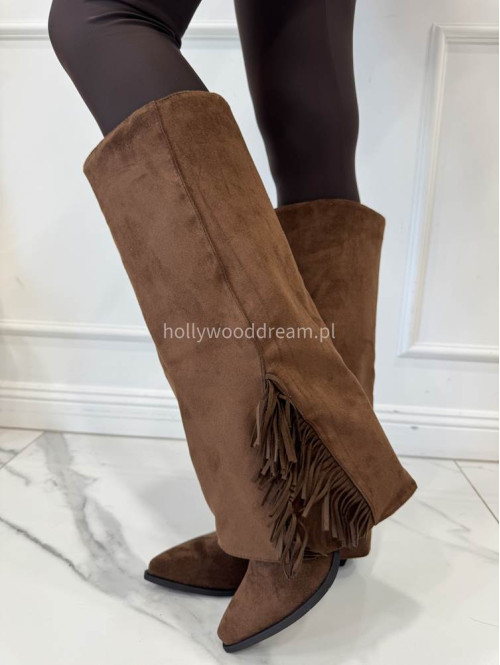 Buty kowbojki wysokie zamszowe z frędzlami brązowe HANK - photo #8