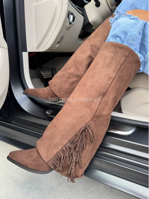 Buty kowbojki wysokie zamszowe z frędzlami brązowe HANK