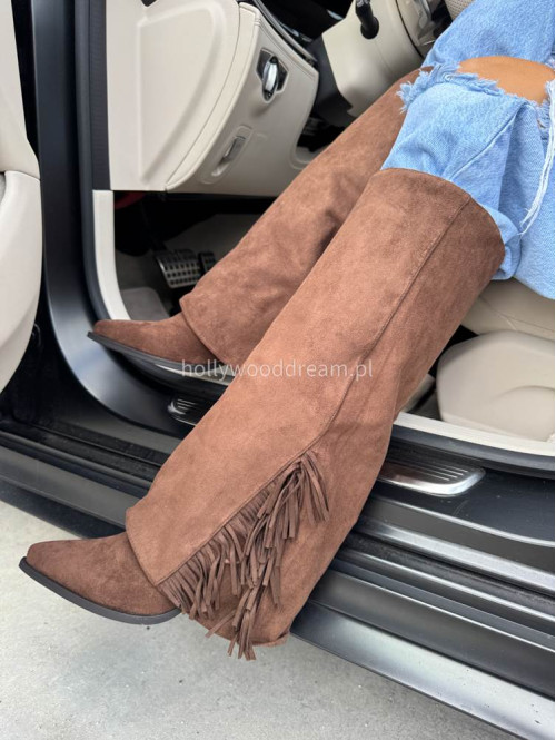 Buty kowbojki wysokie zamszowe z frędzlami brązowe HANK - photo #29