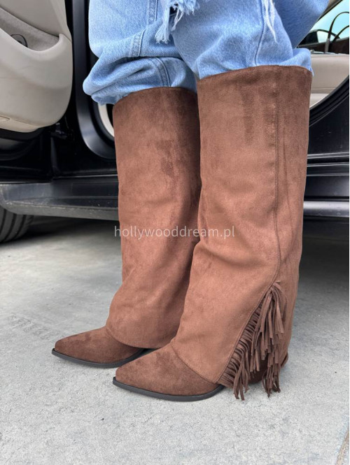 Buty kowbojki wysokie zamszowe z frędzlami brązowe HANK - photo #33