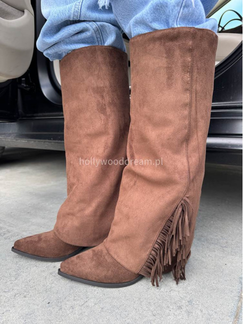 Buty kowbojki wysokie zamszowe z frędzlami brązowe HANK - photo #35