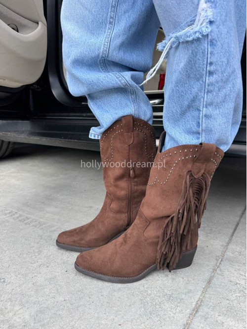 Buty kowbojki z frędzlami i cyrkoniami brązowe CASTOR - photo #29