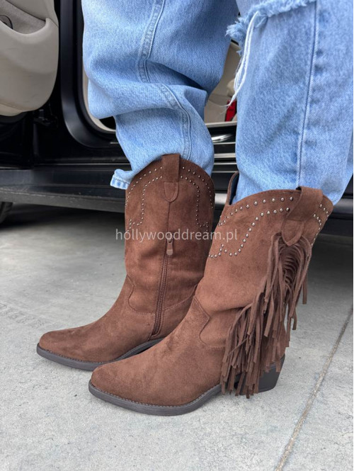 Buty kowbojki z frędzlami i cyrkoniami brązowe CASTOR - photo #30