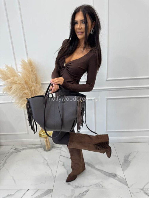 Torebka średnia shopper skóra węża z frędzlami z wkładem czekoladowa BOHO - photo #83