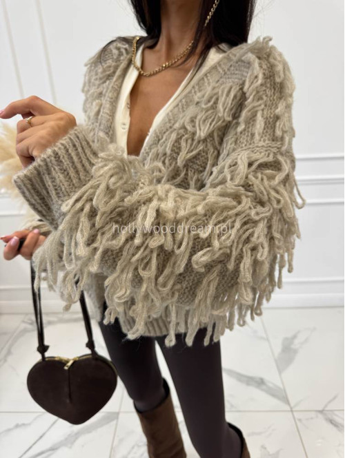 Sweter z ozdobnymi frędzlami beżowy Nari - photo #9
