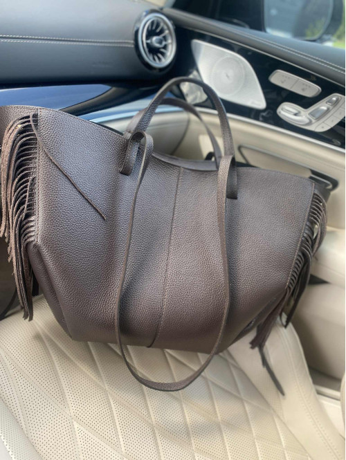 Torebka średnia shopper skóra węża z frędzlami z wkładem czekoladowa BOHO