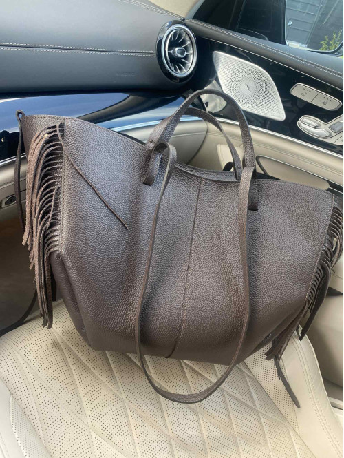 Torebka średnia shopper skóra węża z frędzlami z wkładem czekoladowa BOHO - photo #1