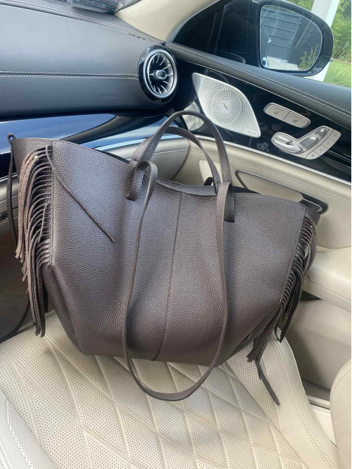 Torebka średnia shopper skóra węża z frędzlami z wkładem czekoladowa BOHO - photo #2