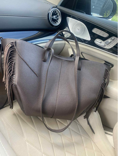 Torebka średnia shopper skóra węża z frędzlami z wkładem czekoladowa BOHO - photo #3
