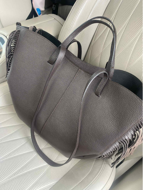 Torebka średnia shopper skóra węża z frędzlami z wkładem czekoladowa BOHO - photo #6