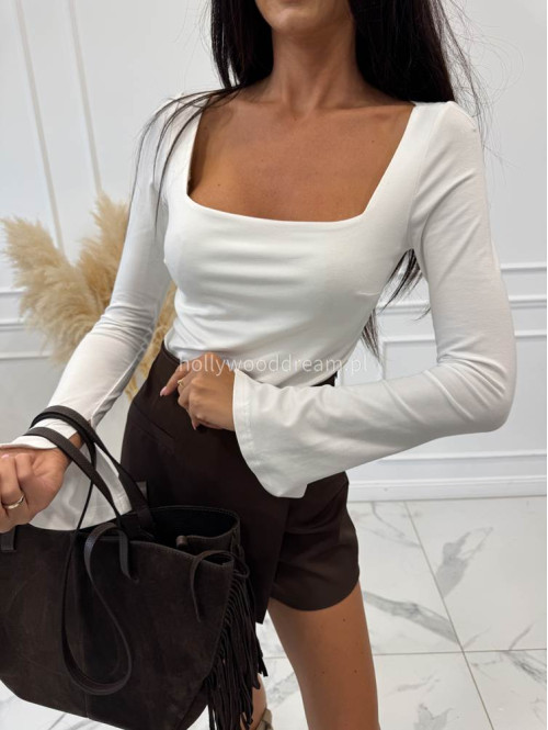 Bluzka na długi rękaw z dekoltem karo 100% wiskoza biała EMMA 131 - photo #2