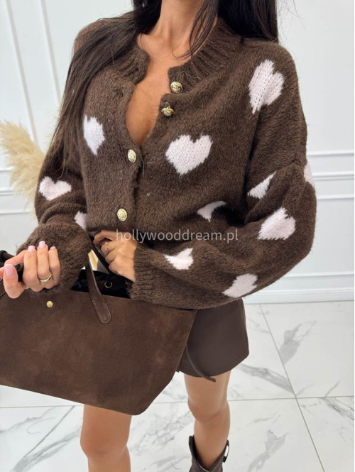 Sweter w białe serca zapinany na złote guziki brązowy Oskar 190 - photo #1