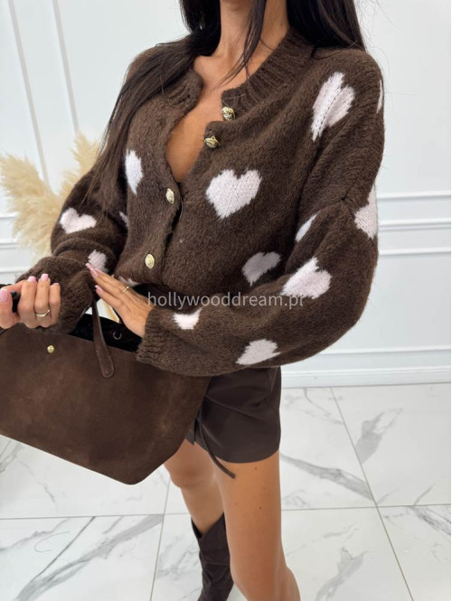 Sweter w białe serca zapinany na złote guziki brązowy Oskar 190 - photo #3