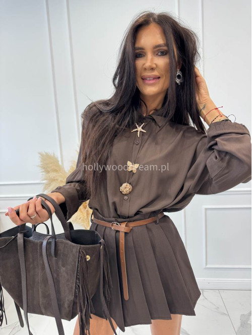 Koszula wiązana z ozdobnymi broszkami 100% wiskoza czekoladowa RENATA 19 - photo #4