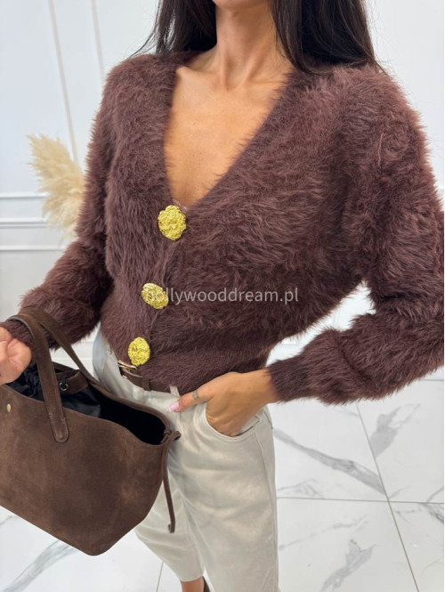 Sweter z długim włosiem i złotymi guzikami czekoladowy ADAM - photo #13