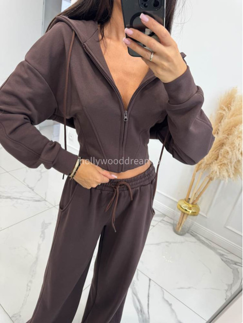 Komplet dresowy bluza rozpinana z kapturem+spodnie dzwony brązowy MAX 131 - photo #8