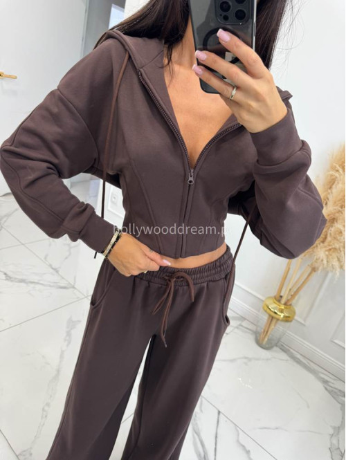 Komplet dresowy bluza rozpinana z kapturem+spodnie dzwony brązowy MAX 131 - photo #9