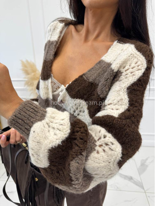 Sweter zygzaki zapinany na guziki kremowo mokka czekoladowy ALIS 02 - photo #18