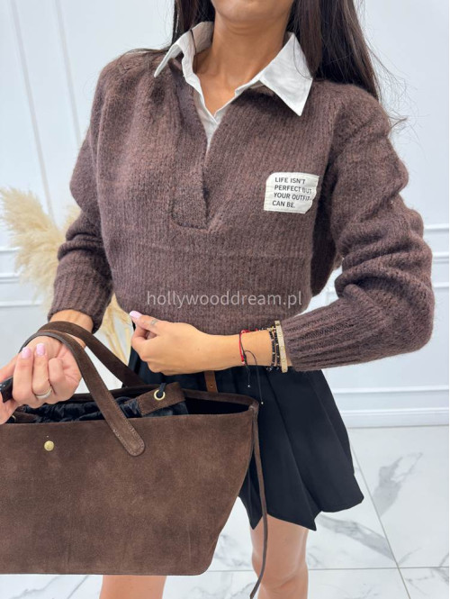 Sweter z koszulowym kołnierzykiem brązowy Jasmine 52 - photo #2
