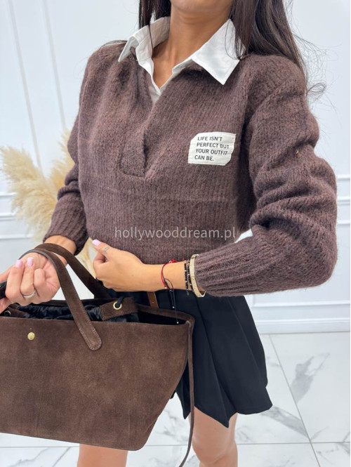 Sweter z koszulowym kołnierzykiem brązowy Jasmine 52 - photo #3
