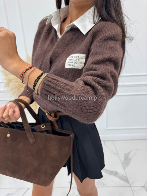Sweter z koszulowym kołnierzykiem brązowy Jasmine 52 - photo #4
