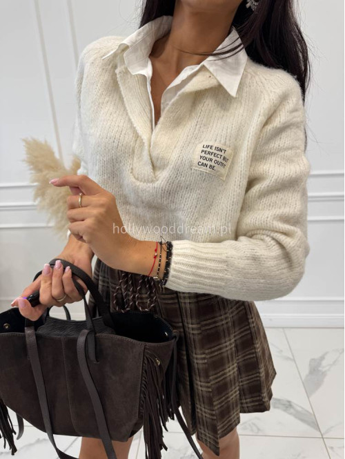 Sweter z koszulowym kołnierzykiem kremowy Jasmine 52 - photo #5