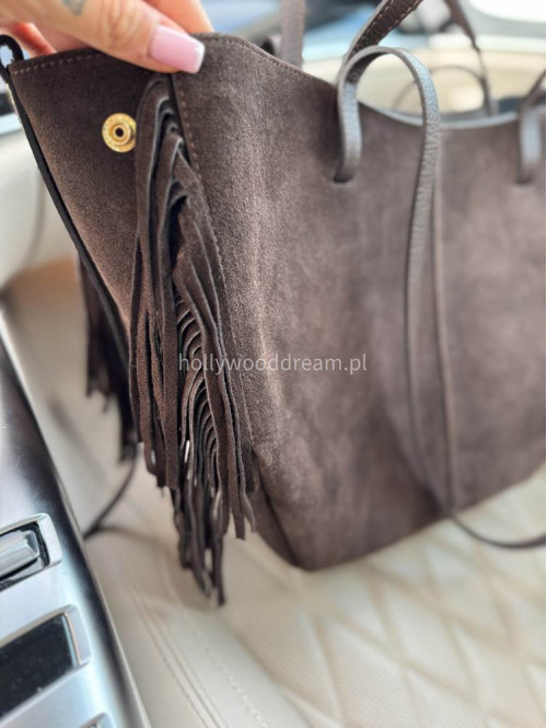 Torebka shopper zamszowa mała z frędzlami brązowa SANDI - photo #6
