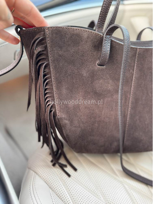 Torebka shopper zamszowa mała z frędzlami brązowa SANDI - photo #9