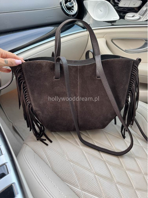 Torebka shopper zamszowa mała z frędzlami brązowa SANDI - photo #10