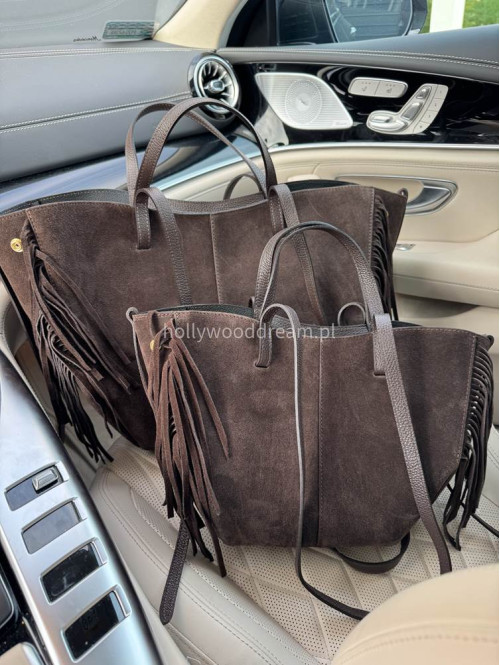 Torebka shopper zamszowa duża z frędzlami brązowa KAJA