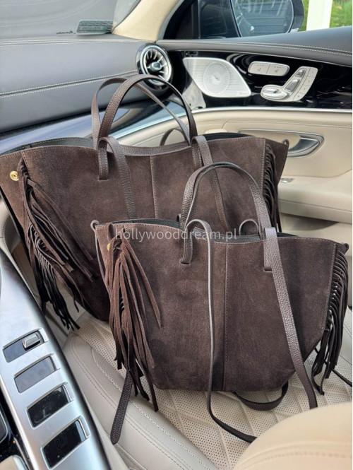 Torebka shopper zamszowa duża z frędzlami brązowa KAJA - photo #1