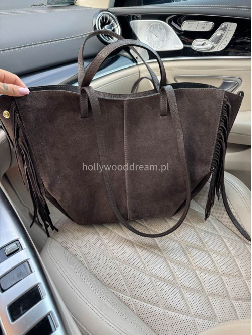 Torebka shopper zamszowa duża z frędzlami brązowa KAJA - photo #2