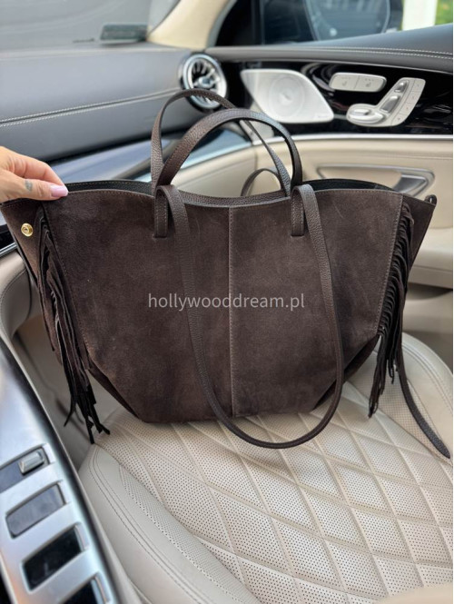 Torebka shopper zamszowa duża z frędzlami brązowa KAJA - photo #4