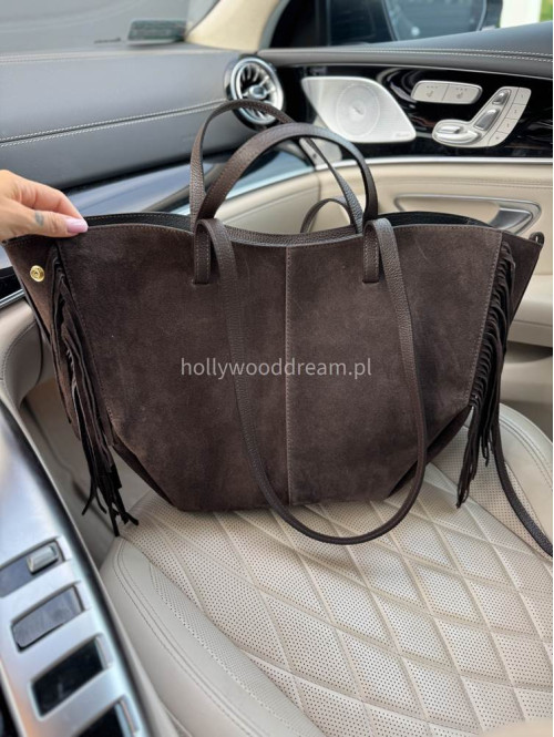 Torebka shopper zamszowa duża z frędzlami brązowa KAJA - photo #5