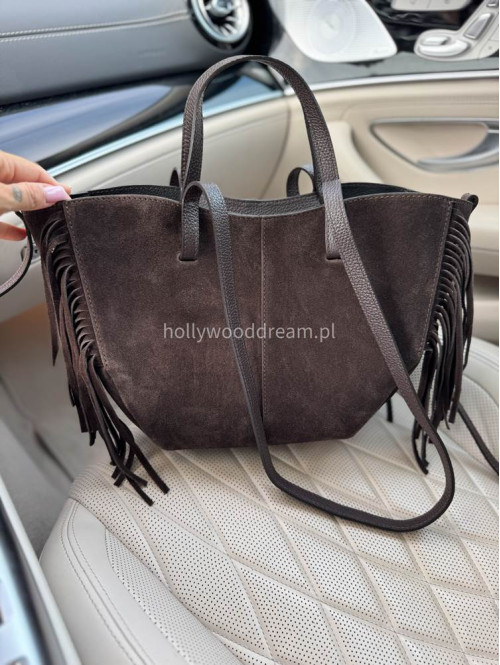 Torebka shopper zamszowa duża z frędzlami brązowa KAJA - photo #7
