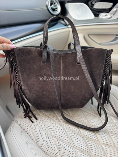 Torebka shopper zamszowa duża z frędzlami brązowa KAJA - photo #8